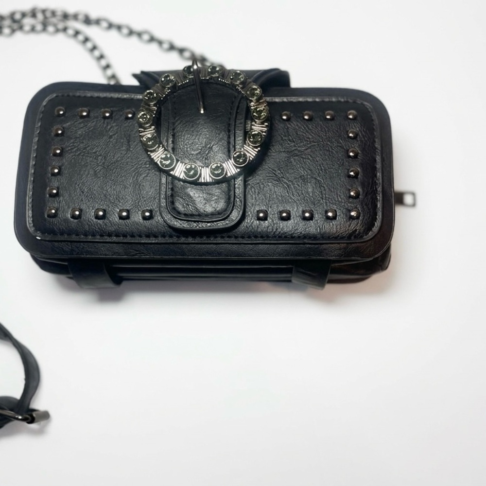 Black Studded Crossbody Bag Rhinestone Buckle Wallet Clutch Small Purse